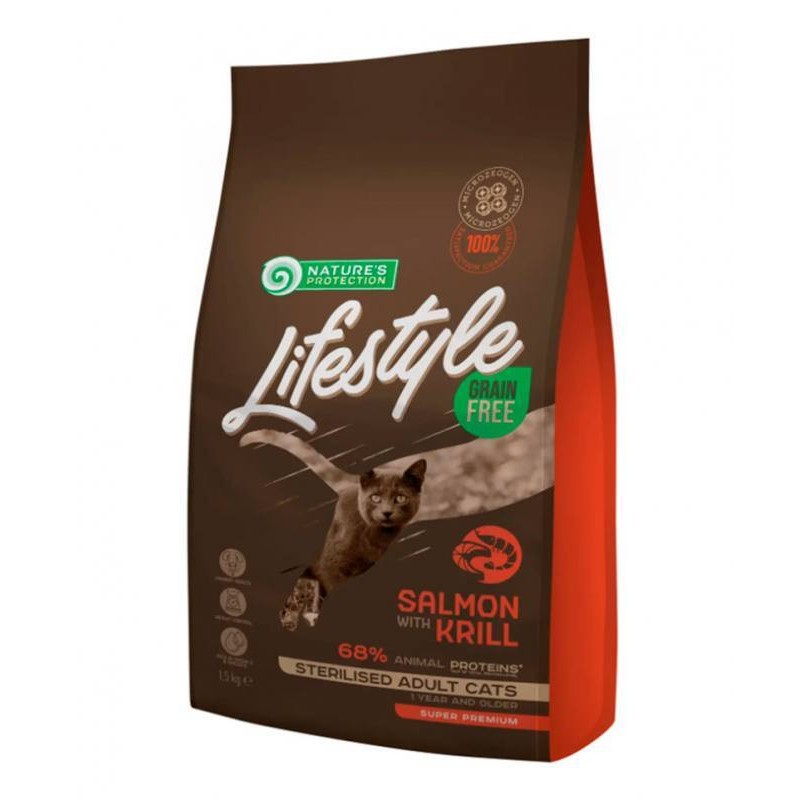 Nature's Protection Lifestyle Cat Adult Grain Free Sterilised Salmon with Krill Беззерновий сухий корм для стерилізованих кішок з лососем та крилем