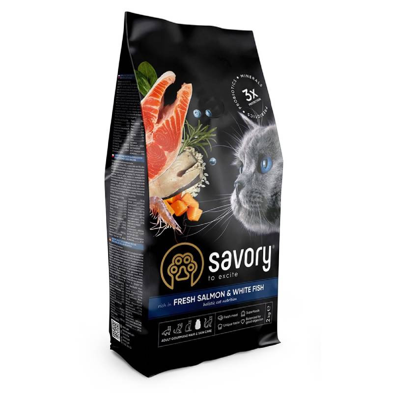 Savory Cat Adult Gourmand Hair and Skin Fresh Salmon with White Fish Сухий корм для дорослих довгошерстих кішок зі свіжим лососем та білою рибою