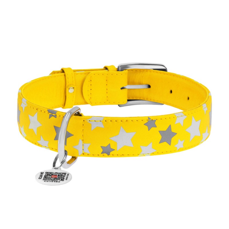 Collar Waudog Glamour Нашийник для собак шкіряний світловідбиваючий Зірочка жовтий