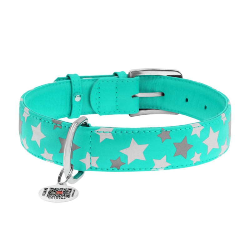 Collar Waudog Glamour Нашийник для собак шкіряний світловідбиваючий Зірочка ментоловий