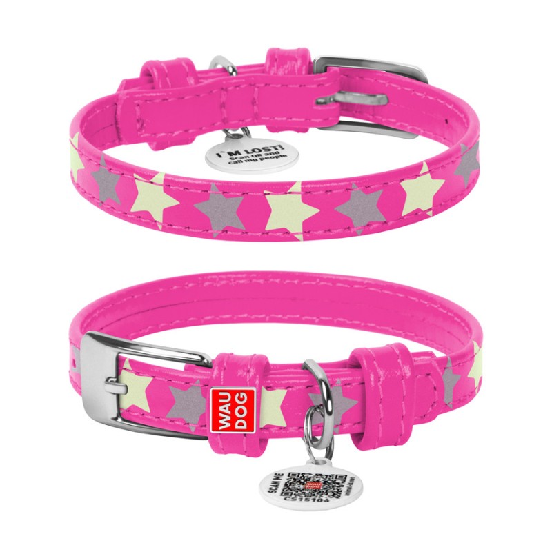 Collar Waudog Glamour Нашийник для собак шкіряний світловідбиваючий Зірочка рожевий