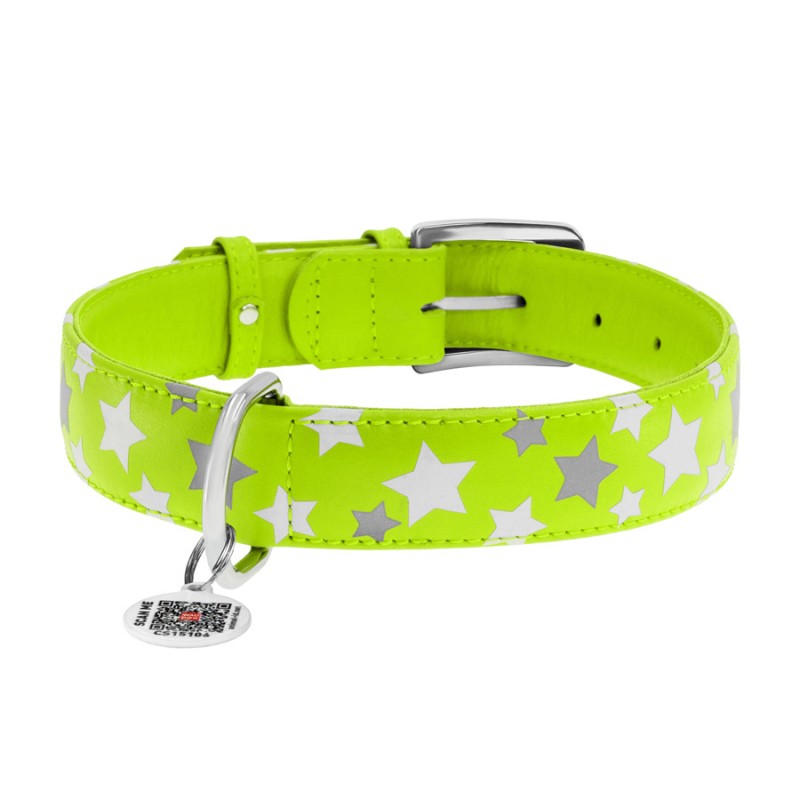 Collar Waudog Glamour Нашийник для собак шкіряний світловідбиваючий Зірочка салатова