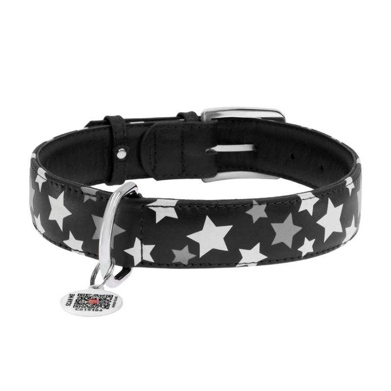 Collar Waudog Glamour Нашийник для собак шкіряний світловідбиваючий Зірочка чорний