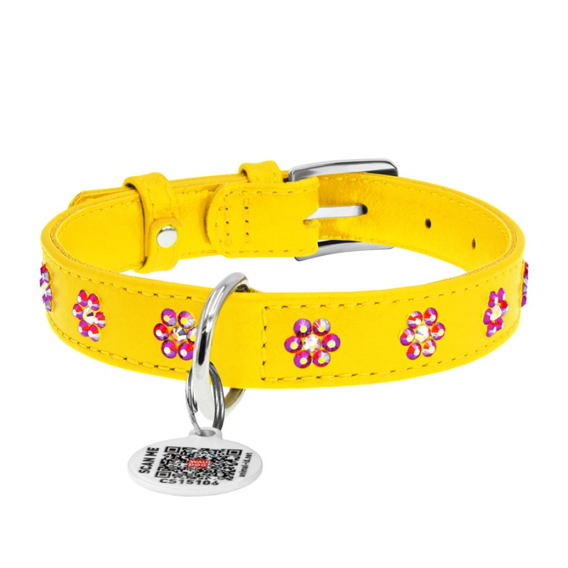 Collar Waudog Glamour Нашийник для собак шкіряний зі стразами Квіточка жовта