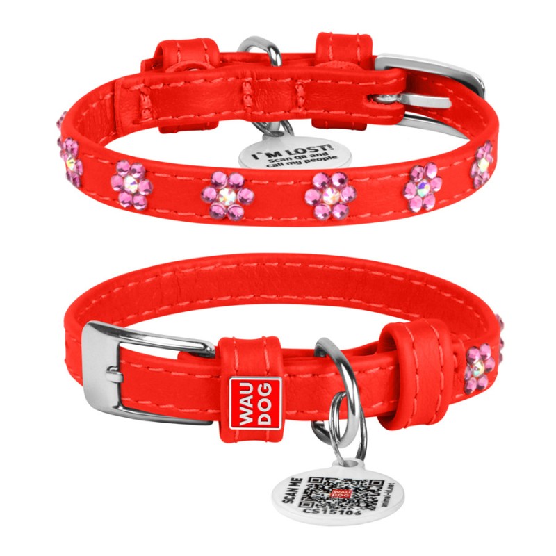 Collar Waudog Glamour Нашийник для собак шкіряний зі стразами Квіточка червона