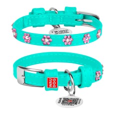 Collar Waudog Glamour Нашийник для собак шкіряний зі стразами Квіточка ментолова