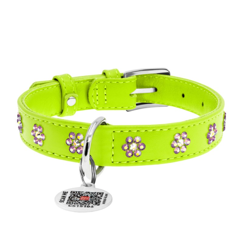 Collar Waudog Glamour Нашийник для собак шкіряний зі стразами Квіточка салатова