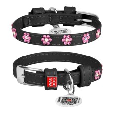 Collar Waudog Glamour Нашийник для собак шкіряний зі стразами Квіточка чорна