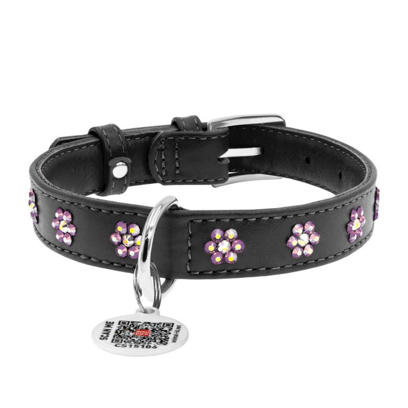 Collar Waudog Glamour Нашийник для собак шкіряний зі стразами Квіточка чорна