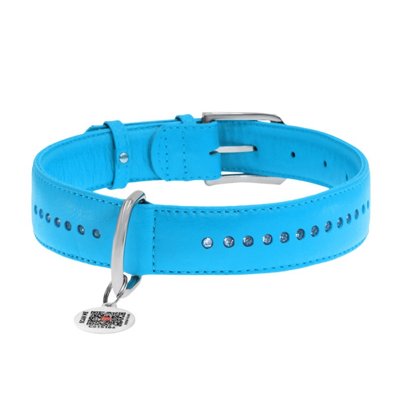 Collar Waudog Glamour Нашийник для собак шкіряний подвійний зі стразами блакитний