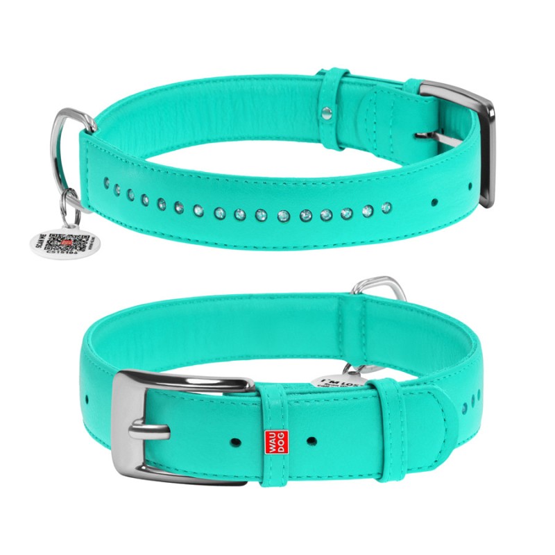 Collar Waudog Glamour Нашийник для собак шкіряний подвійний зі стразами ментоловий