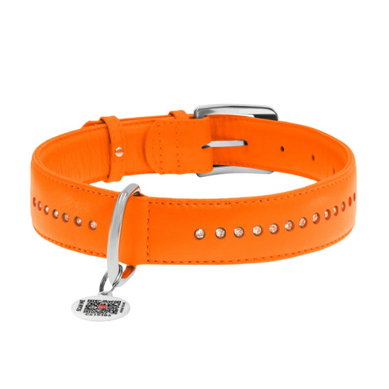Collar Waudog Glamour Нашийник для собак шкіряний подвійний зі стразами помаранчевий