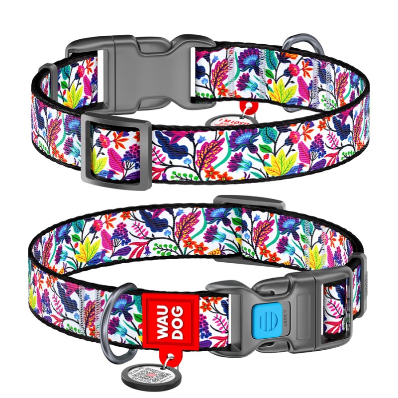 Collar Waudog Nylon Нашийник для собак нейлоновий c QR паспортом пластикова пряжка-фастекс Чарівні квіти