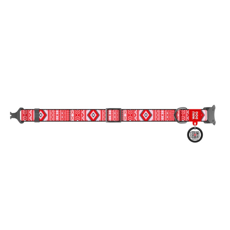 Collar Waudog Nylon Нашийник для собак нейлоновий c QR паспортом металева пряжка-фастекс Етно червоний