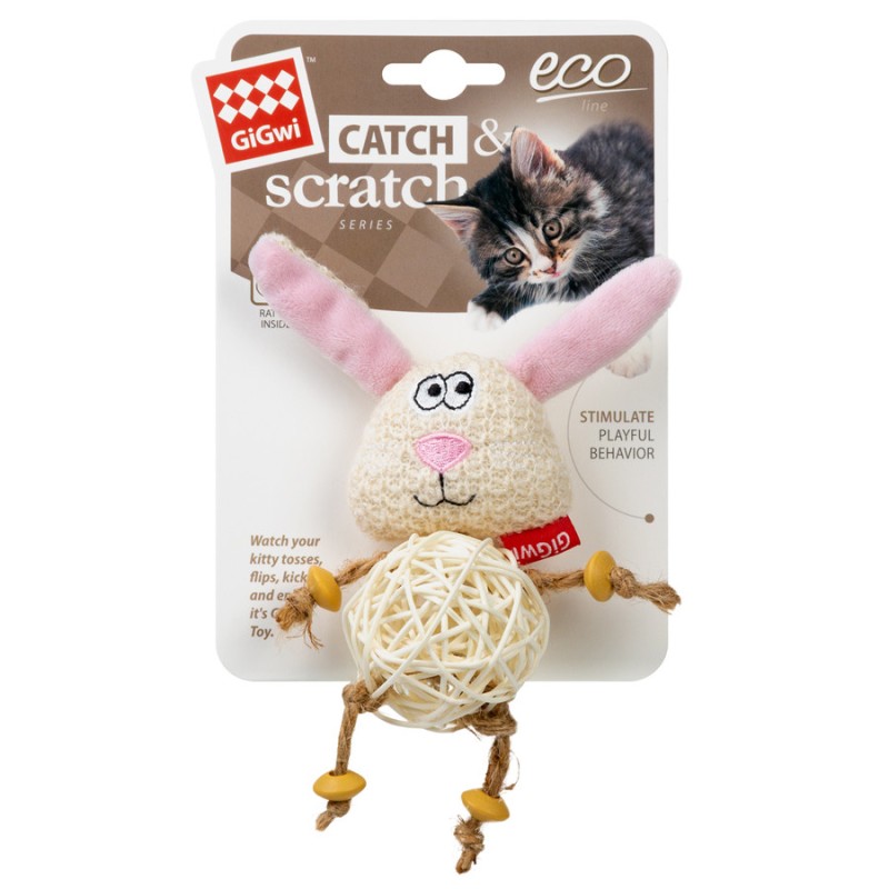 GiGwi Catch & Scratch Іграшка для кішок Зайчик з плетеним м'ячиком та дзвіночком