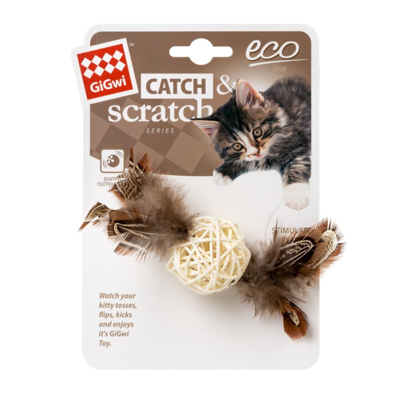 GiGwi Catch & Scratch Іграшка для котів Плетений м'яч з дзвіночком та пір'ям