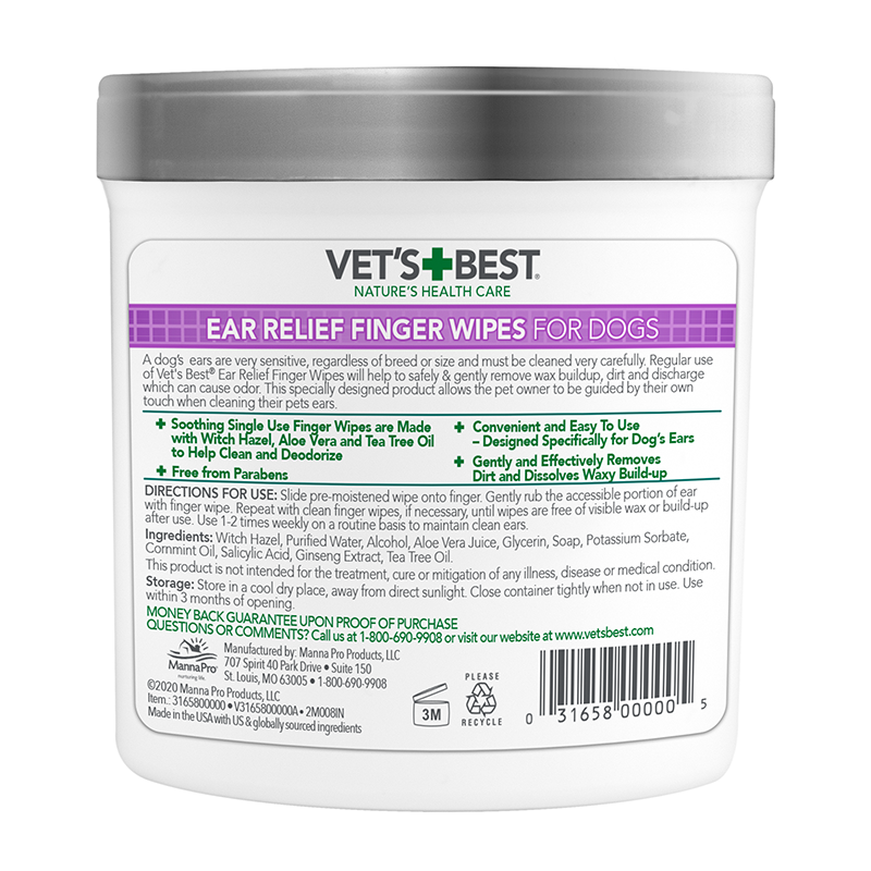 Vet`s Best Ear Relief Finger Wipes Вологі серветки для чищення вух для собак