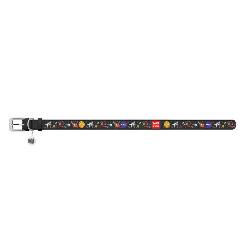 Collar Waudog Design Нашийник для собак шкіряний з QR паспортом NASA чорний