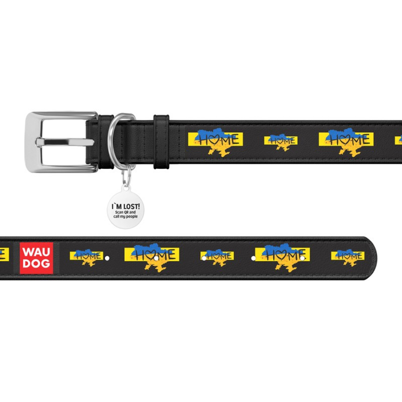 Collar Waudog Design Нашийник для собак шкіряний c QR паспортом Будинок чорний