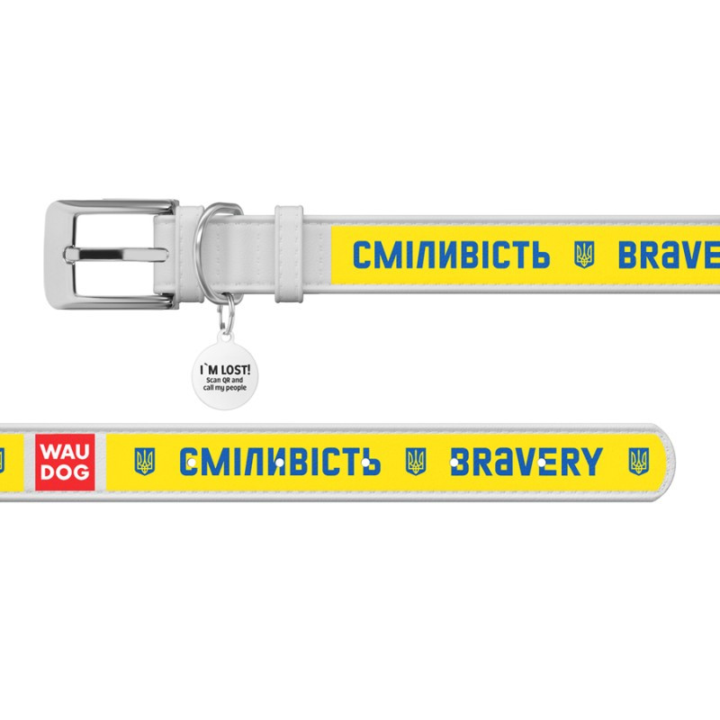 Collar Waudog Design Нашийник для собак шкіряний c QR паспортом Сміливість білий