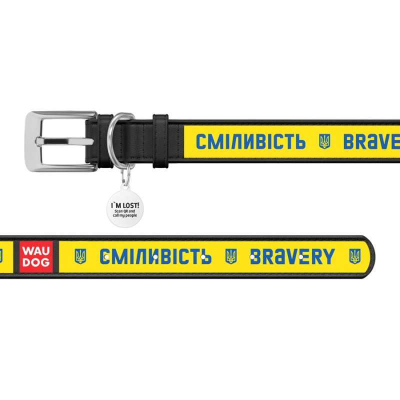 Collar Waudog Design Нашийник для собак шкіряний з QR паспортом Сміливість чорний