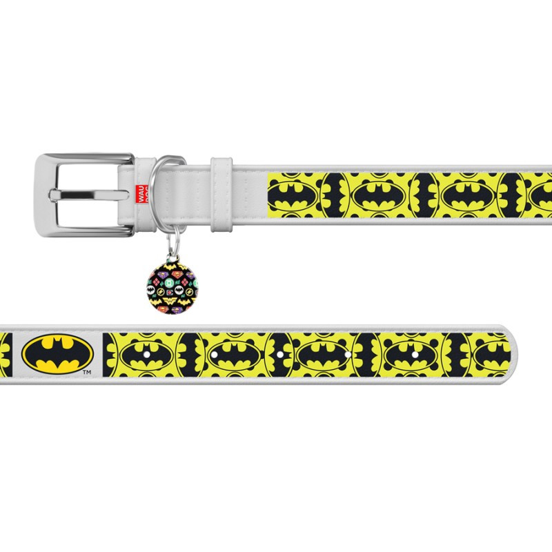 Collar Waudog Design Нашийник для собак шкіряний з QR паспортом Бетмен 4 білий