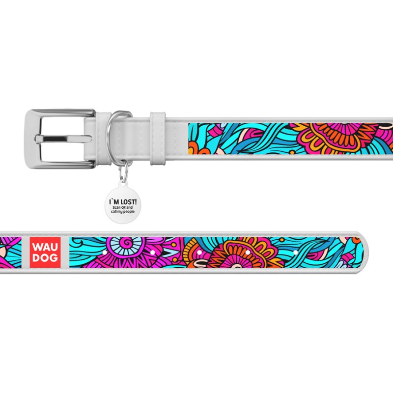 Collar Waudog Design Нашийник для собак шкіряний з QR паспортом Літо білий