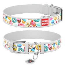 Collar Waudog Design Нашийник для собак шкіряний з QR паспортом Пончики білий