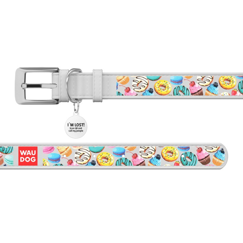 Collar Waudog Design Нашийник для собак шкіряний з QR паспортом Пончики білий