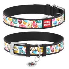 Collar Waudog Design Нашийник для собак шкіряний з QR паспортом Пончики чорний