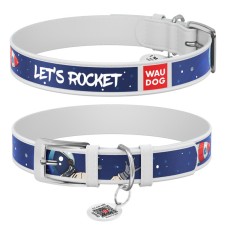 Collar Waudog Design Нашийник для собак шкіряний з QR паспортом Космос. Ракета білий