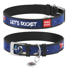Collar Waudog Design Нашийник для собак шкіряний з QR паспортом Космос. Ракета чорна
