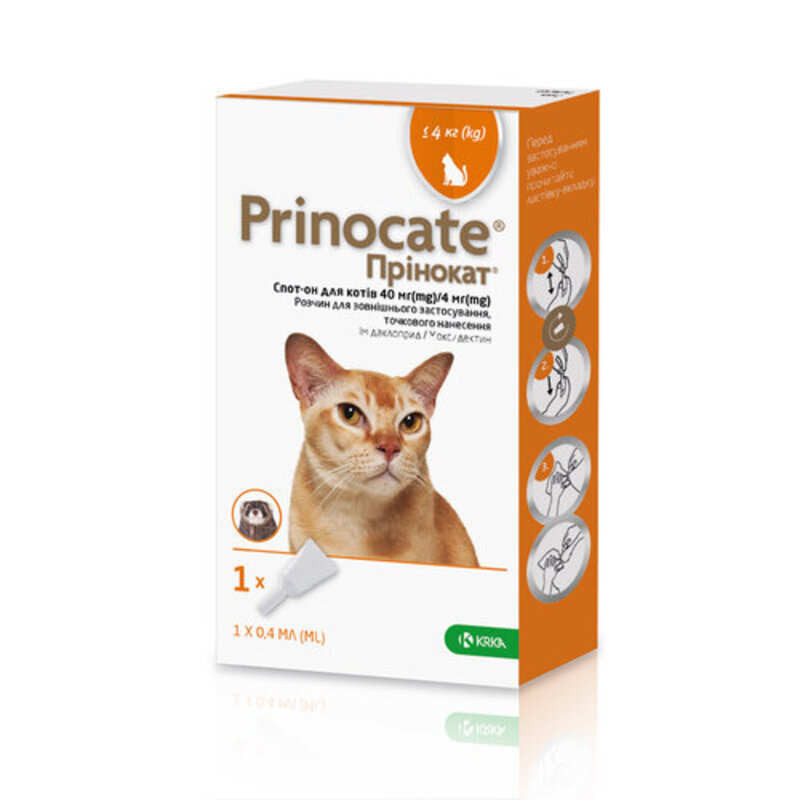 Prinocate Cat Прінокат Краплі на холку від бліх, кліщів та глистів для кішок до 4 кг