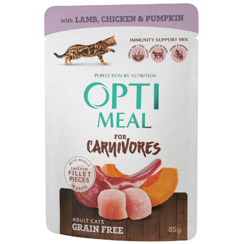 Optimeal Cat Adult Беззернові консерви для дорослих кішок з ягнятим курячим філе в гарбузовому желі