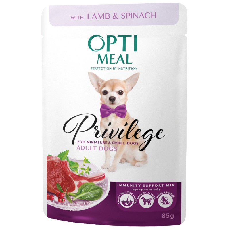 Optimeal Privilege Adult Dog Grain Беззернові консерви для дорослих собак дрібних порід з ягнятком та шпинатом у соусі