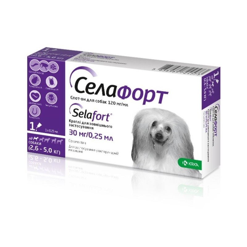 Selafort Селафорт Спот-он Капли на холку от блох и клещей для собак от 2,6 до 5 кг