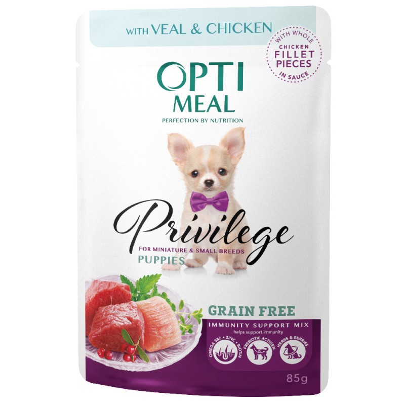 Optimeal Privilege Puppies Dog Grain Безконсервні консерви для цуценят дрібних порід з телятиною та куркою в соусі