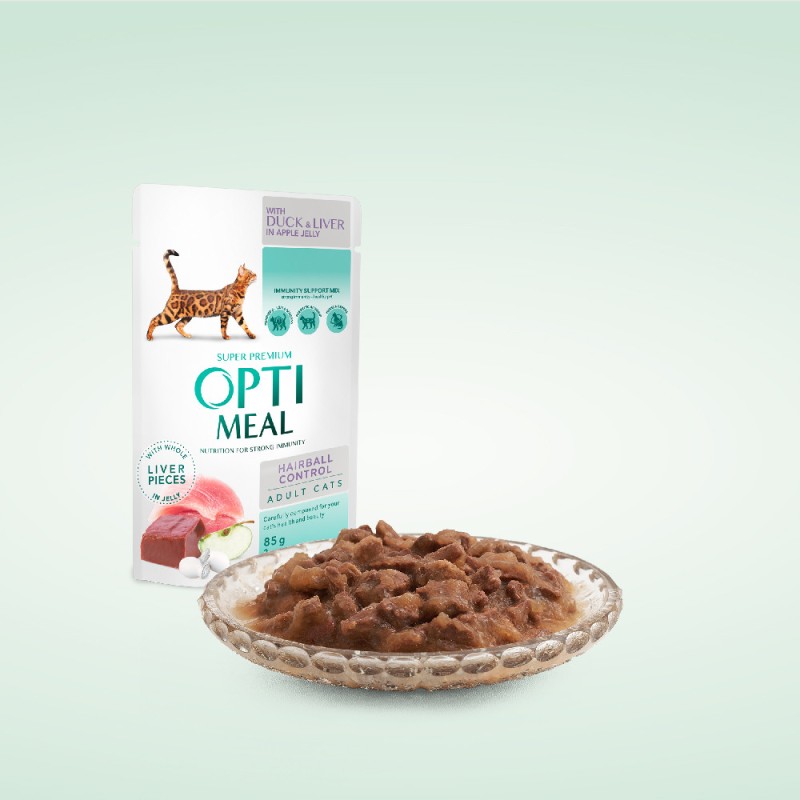 Optimeal Cat Adult Консерви для дорослих кішок з ефектом виведення вовни з качкою та шматочками печінки в яблучному желі
