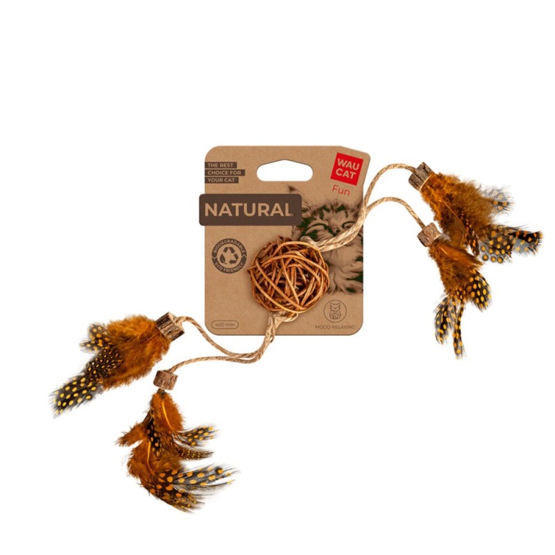 Waucat Fun Natural Игрушка для кошек Плетеный мяч с перьями, деревом и джутовой веревкой