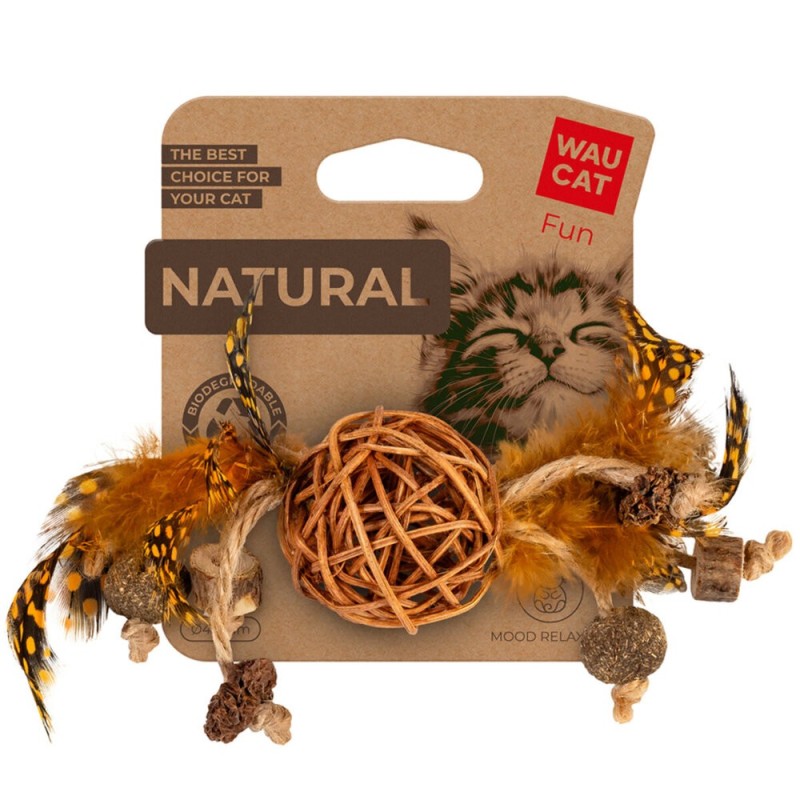 Waucat Fun Natural Игрушка для кошек Плетеный мяч с колокольчиком, перьями, деревом, кошачьей мятой и джутовой веревкой